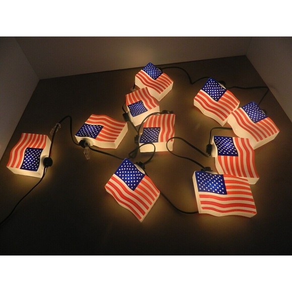 Primal Lite Fun Lights 10 US Flags on 12 Foot String 3"H X 4.25"L  Patio Camping - Picture 3 of 5